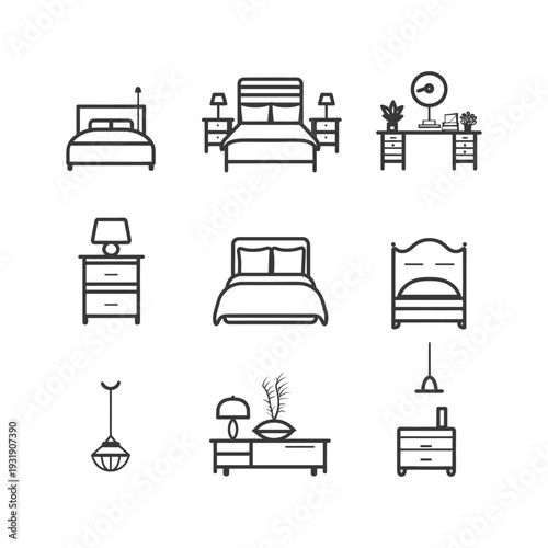 Set of Nine Black and White Line Drawings of Bedroom Furniture
