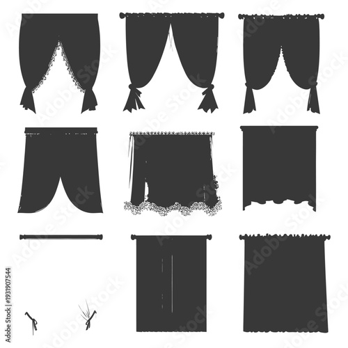 Set of nine black silhouettes of different curtain styles