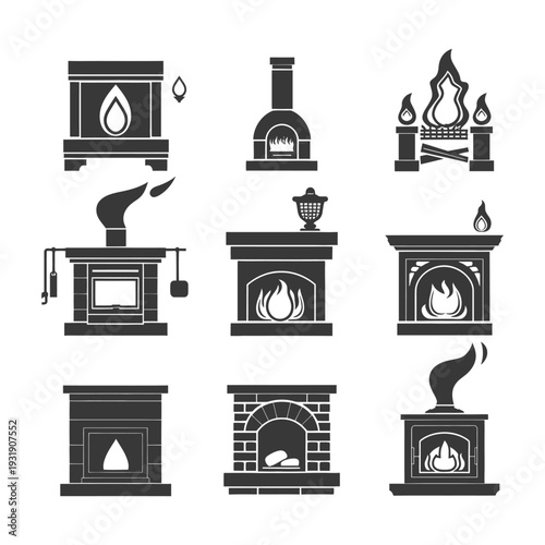 Set of nine black silhouettes of fireplaces and fire places