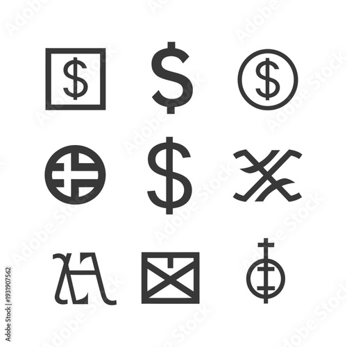 Set of Nine Currency Symbols in Simple Black and White Design