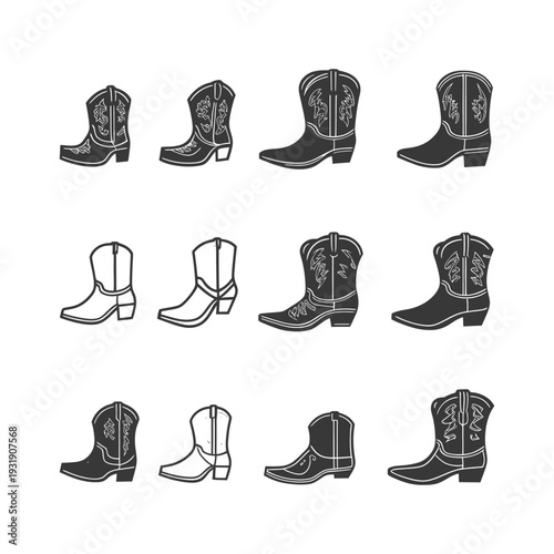 Set of Nine Cowboy Boots with Different Designs and Styles