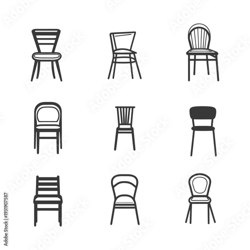 Set of nine different chair icons in black and white