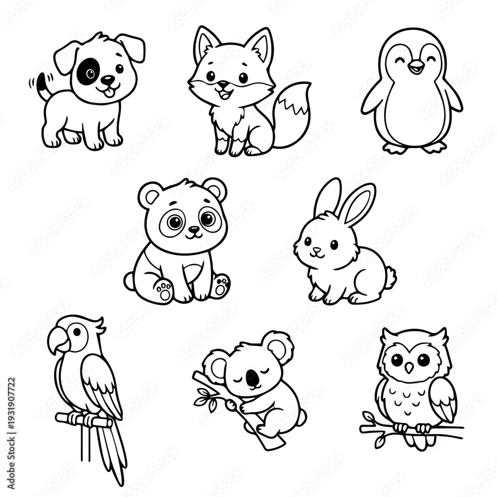 Obraz premium Cute Baby Animals Coloring Page and Vector Sticker Icon Set