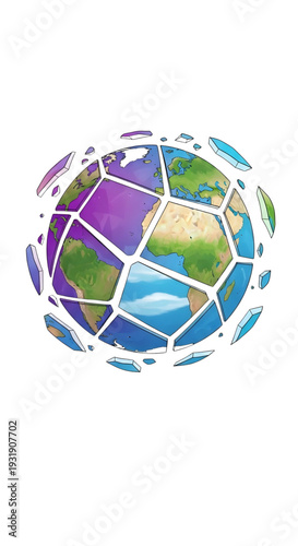 Vibrant shattered globe with colorful fragmented continents