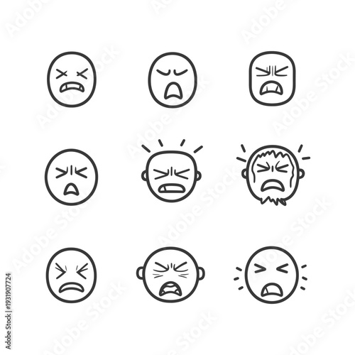 Set of Nine Line Art Emojis Depicting Anger and Frustration