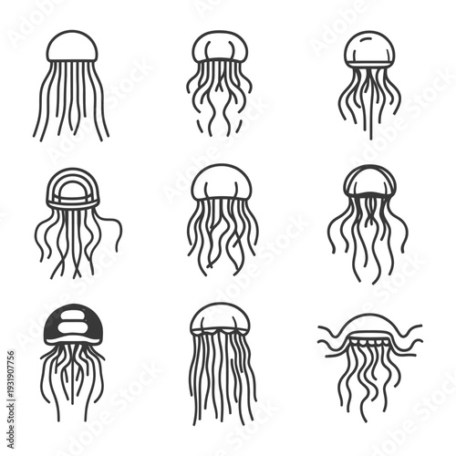 Set of Nine Line-Art Jellyfish Illustrations