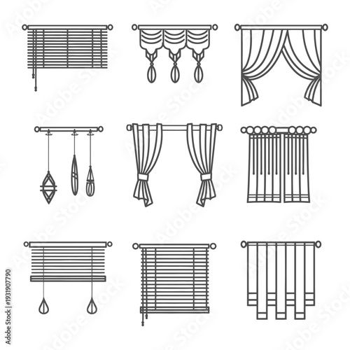Set of Nine Linear Window Treatments, Including Blinds and Curtains