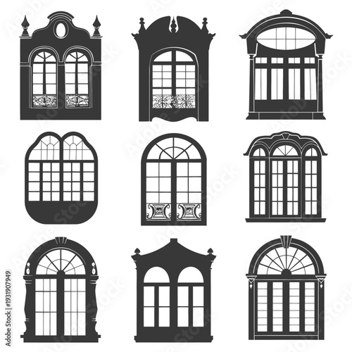 Set of Nine Ornate Window Silhouettes with Different Architectural Styles