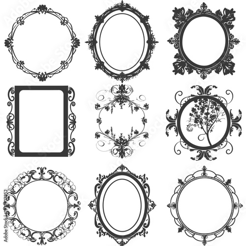 Set of nine ornate black and white frames with decorative elements