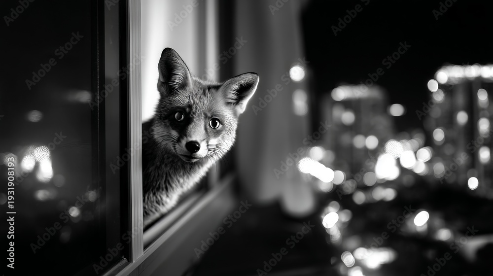 Fototapeta premium Curious Fox Looking Through Urban Window at Night with City Lights in Background