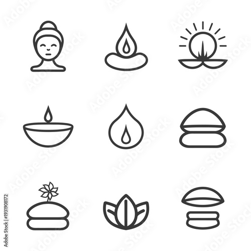Set of nine simple line icons representing spa and wellness concepts