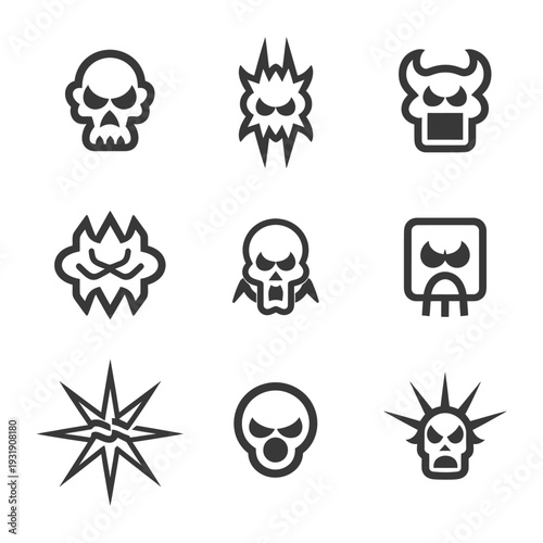 Set of Nine Skull and Fire Icons in Black and White