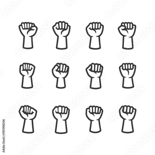 Set of Raised Fists in Black and White Outline Style