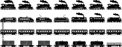 Black silhouette collection of vintage steam locomotives electric high speed trains passenger wagons cargo freight containers and oil tankers isolated on white background