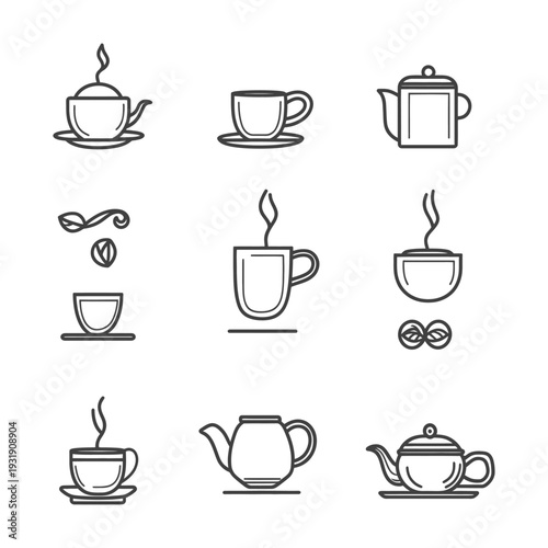 Set of Teapot and Teacup Icons in Line Art Style