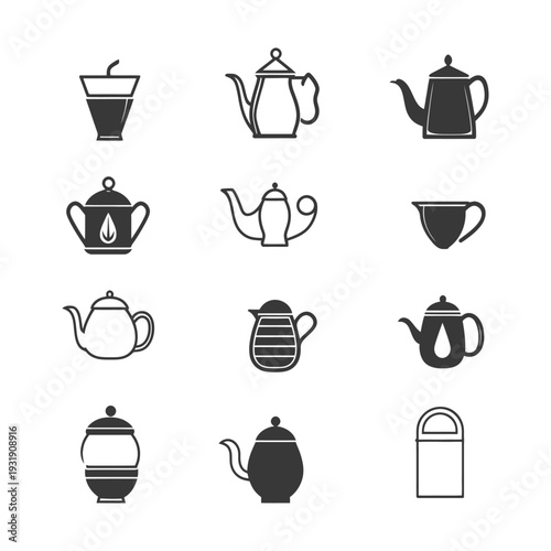 Set of Teapot and Cup Icons in Black and White