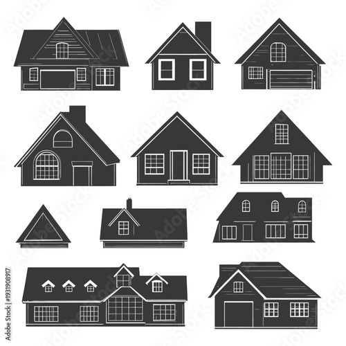Set of Ten Black and White Silhouettes of Houses
