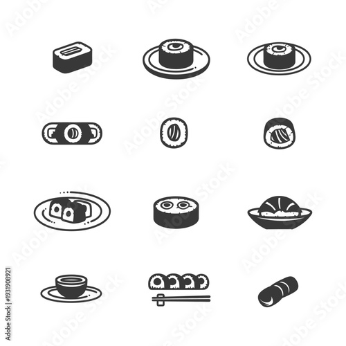 Set of Sushi Roll Icons in Black and White
