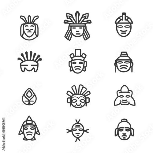 Set of Tribal Masks Icons in Outline Style