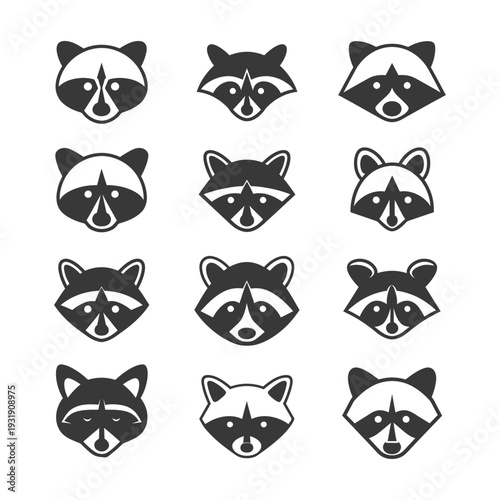 Set of twelve black and white raccoon faces