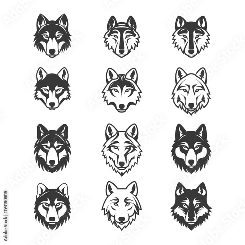 Set of twelve stylized wolf head illustrations