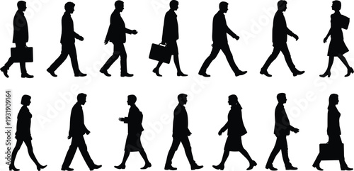 Walking people silhouettes, business professionals commuting, urban lifestyle, diverse men and women, carrying bags, motion posture, minimalist design, vector illustration