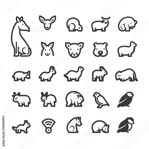 Set of Various Animal Icons in Outline Style