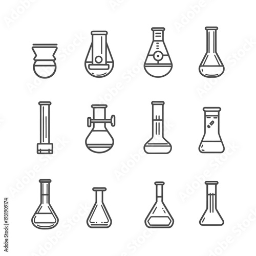 Set of various beakers, flasks, and laboratory glassware