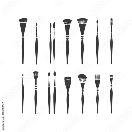 Set of Various Black and White Makeup Brushes in Silhouette
