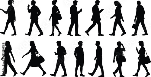 Walking people silhouettes, diverse clothing vector illustration, everyday urban lifestyle icons, mobile phone users, handbag figures, casual postures, street activity design