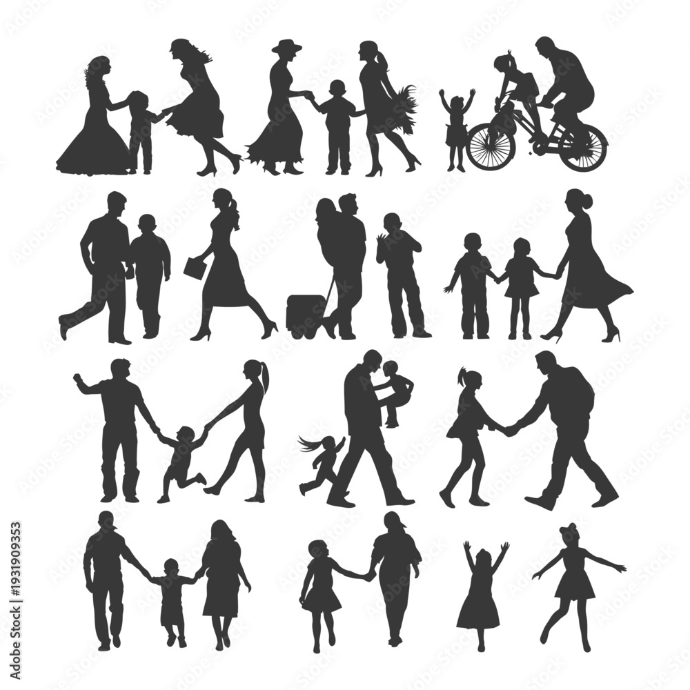 Fototapeta premium Silhouette Collection of Families and Children in Various Activities