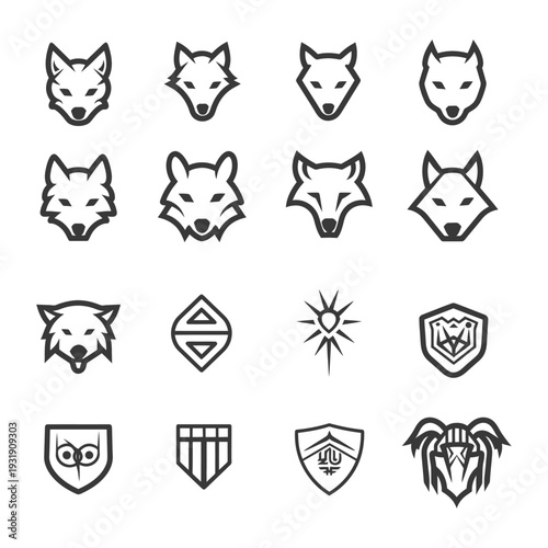 Set of Wolf Head and Other Animal Logos in Black and White