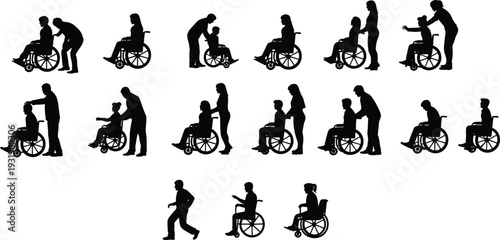 Wheelchair silhouettes, caregiving support, disability inclusion, mobility assistance, helping people, compassion, healthcare, accessibility, comfort, talking, pushing, walking, pointing, sitting