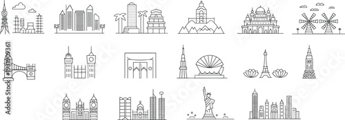 World landmarks line art illustration, famous architecture, cultural heritage, global monuments, travel design, iconic buildings, tourism concept, international structures, minimal style