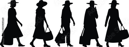 Women walking silhouettes, fashion vector illustration, wide-brim hats, long dresses, handbags icons, stylish posture design, urban lifestyle, clothing diversity concept