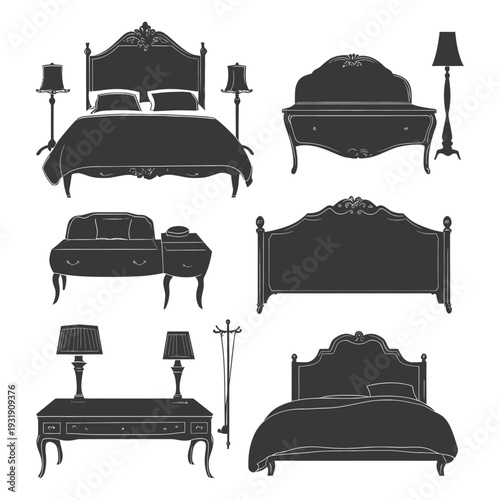 Silhouette Collection of Ornate Beds, Dressers, and Lamps