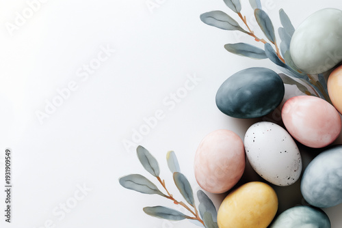 Soft watercolor Easter eggs with gentle pastel tones and botanical leaves arranged on a clean white background with large copy space