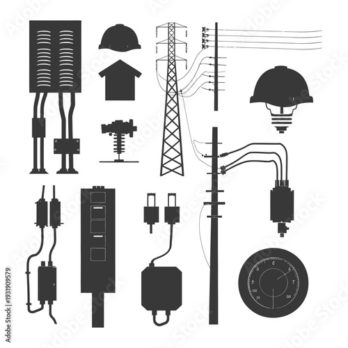 Silhouette Illustration of Electrical Power System Elements