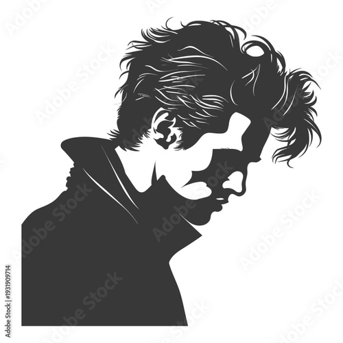 Silhouette of a Man with Messy Hair Looking Down