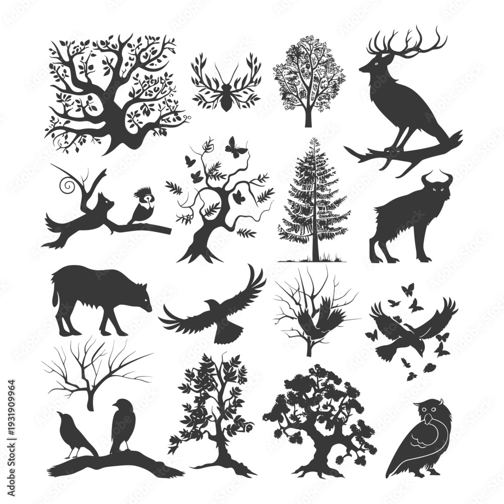 Naklejka premium Silhouette Set of Trees, Birds, and Animals in a Forest