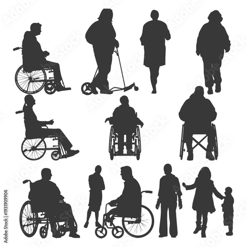 Silhouette of People in Wheelchairs and Walking with Walking Sticks