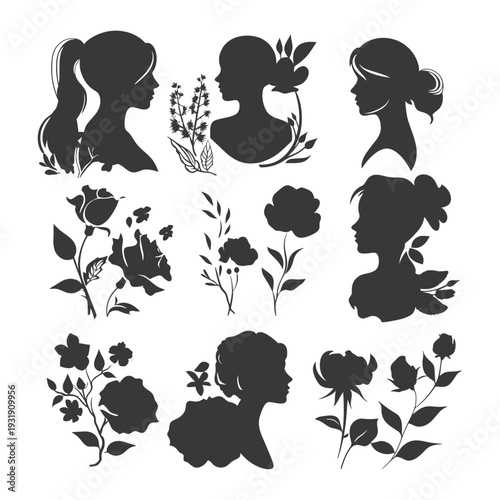 Silhouette Set of Women's Profiles with Floral Elements