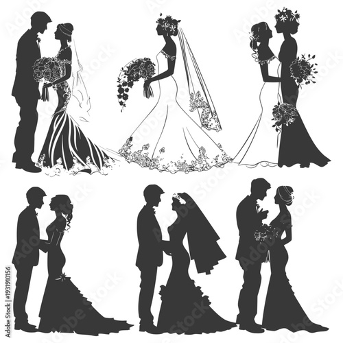 Silhouettes of Brides and Grooms in Wedding Attire