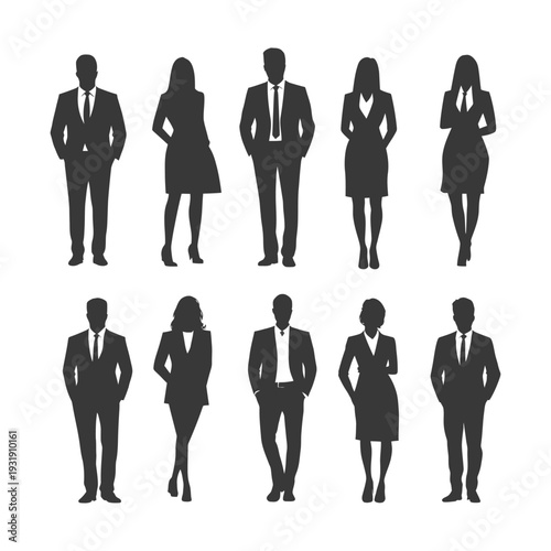 Silhouettes of Business Professionals in Suits and Dresses
