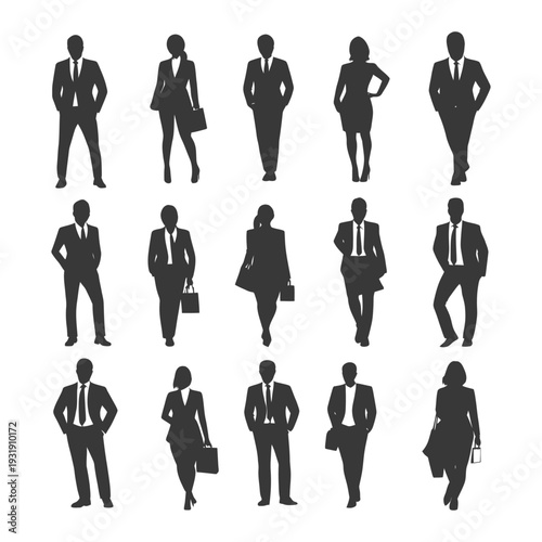 Silhouettes of Business Professionals in Suits and Dresses