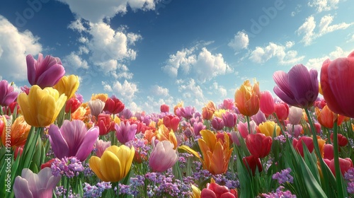 Vibrant field of multicolored tulips stretches towards a bright blue sky filled with white clouds