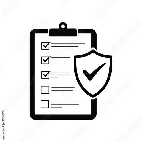 Medical clipboard with security shield tick mark icon. Document protection vector illustration.