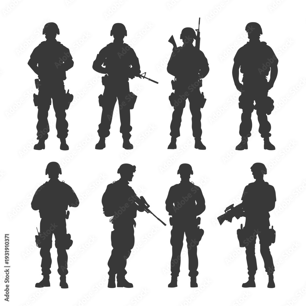 Naklejka premium Silhouettes of Eight Soldiers in Various Poses with Rifles