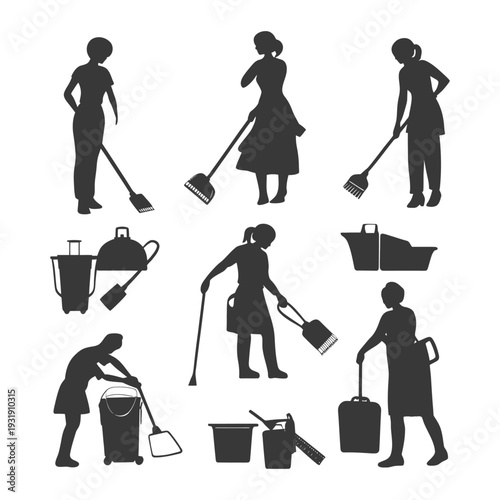 Silhouettes of Cleaning Ladies with Supplies