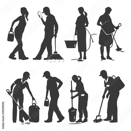 Silhouettes of cleaning personnel using various cleaning equipment